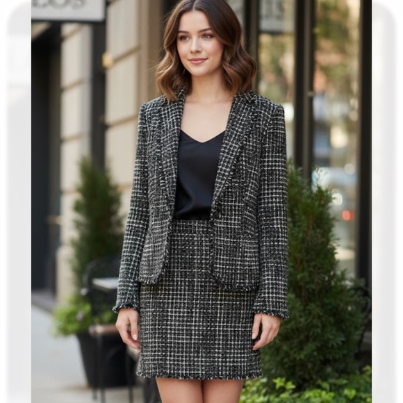 Women's Black & Teal Tweed Jacket & Skirt Set